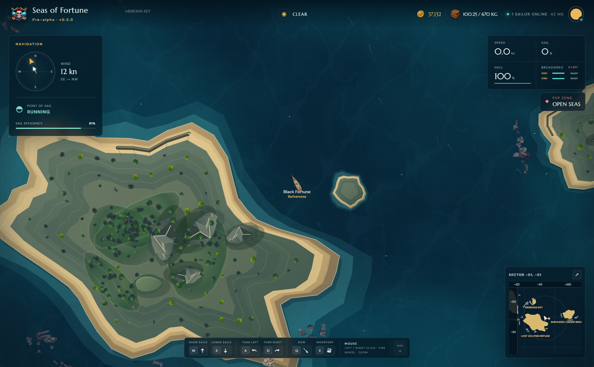 Gameplay view showing the wind, how well the sails work, the ship condition, nearby islands, and a small map