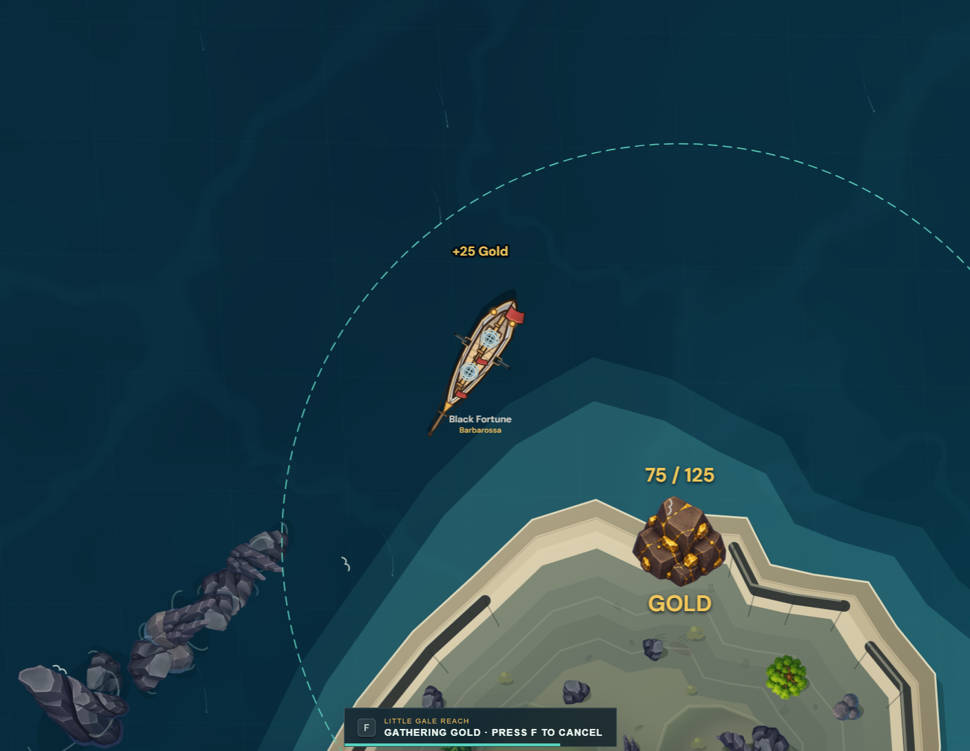 A ship gathering gold from an island