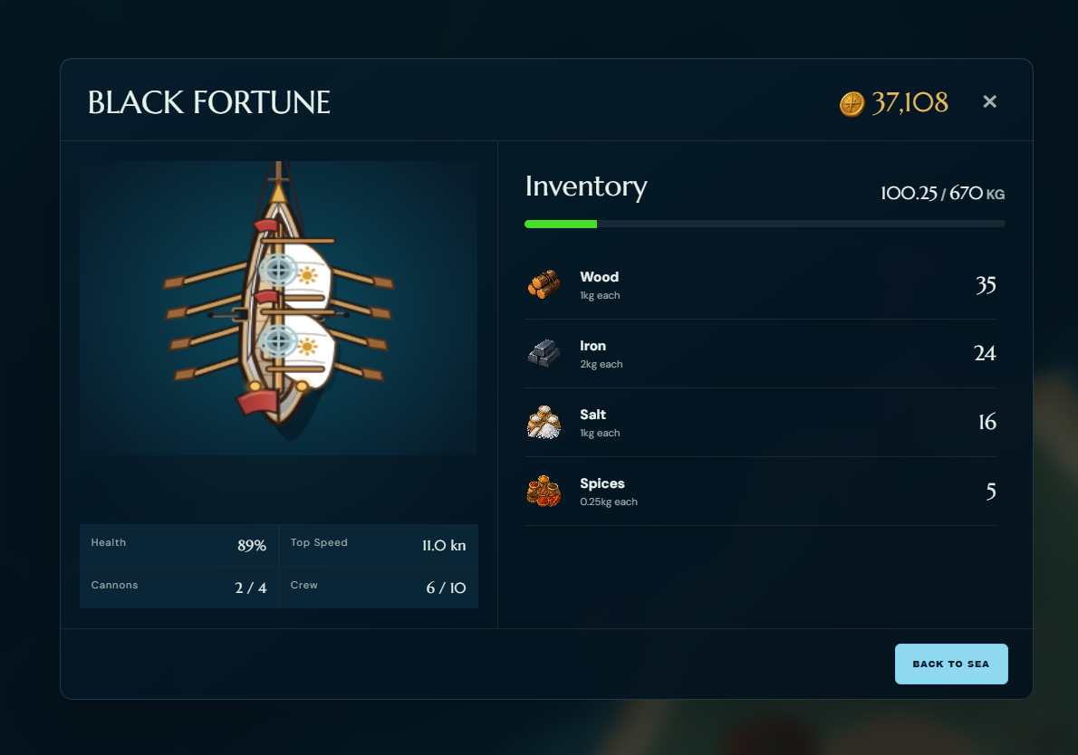 A ship storage screen showing goods, food, and cannonballs