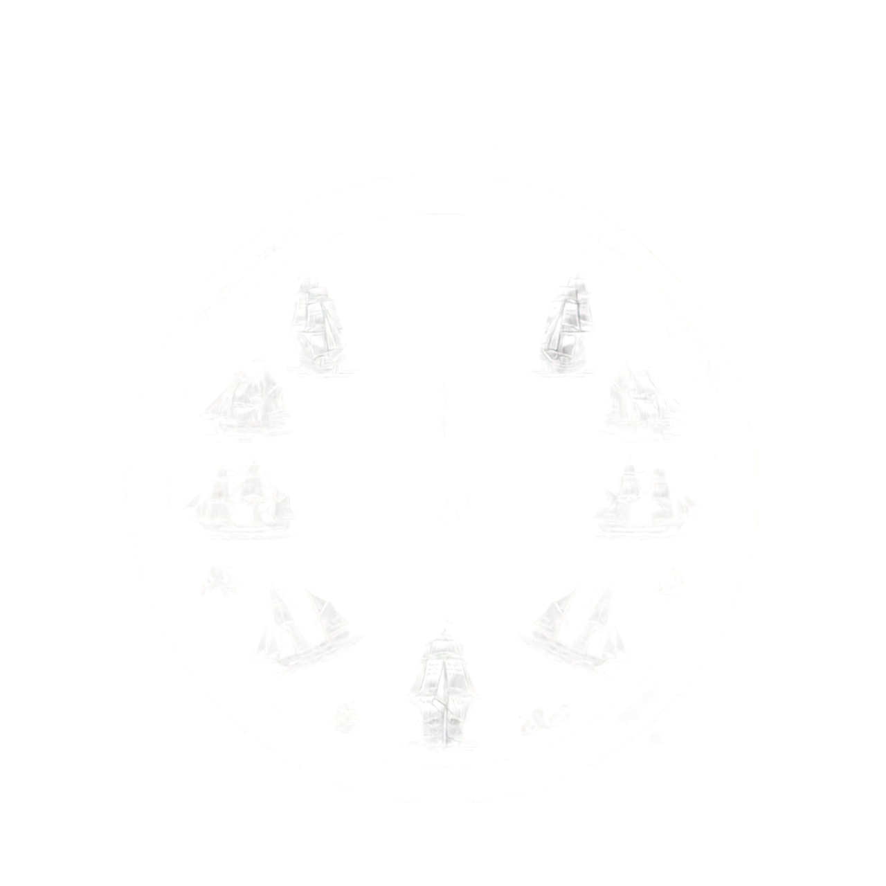 White sailing picture showing six ways a ship can face the wind, including the area where the sails stop working