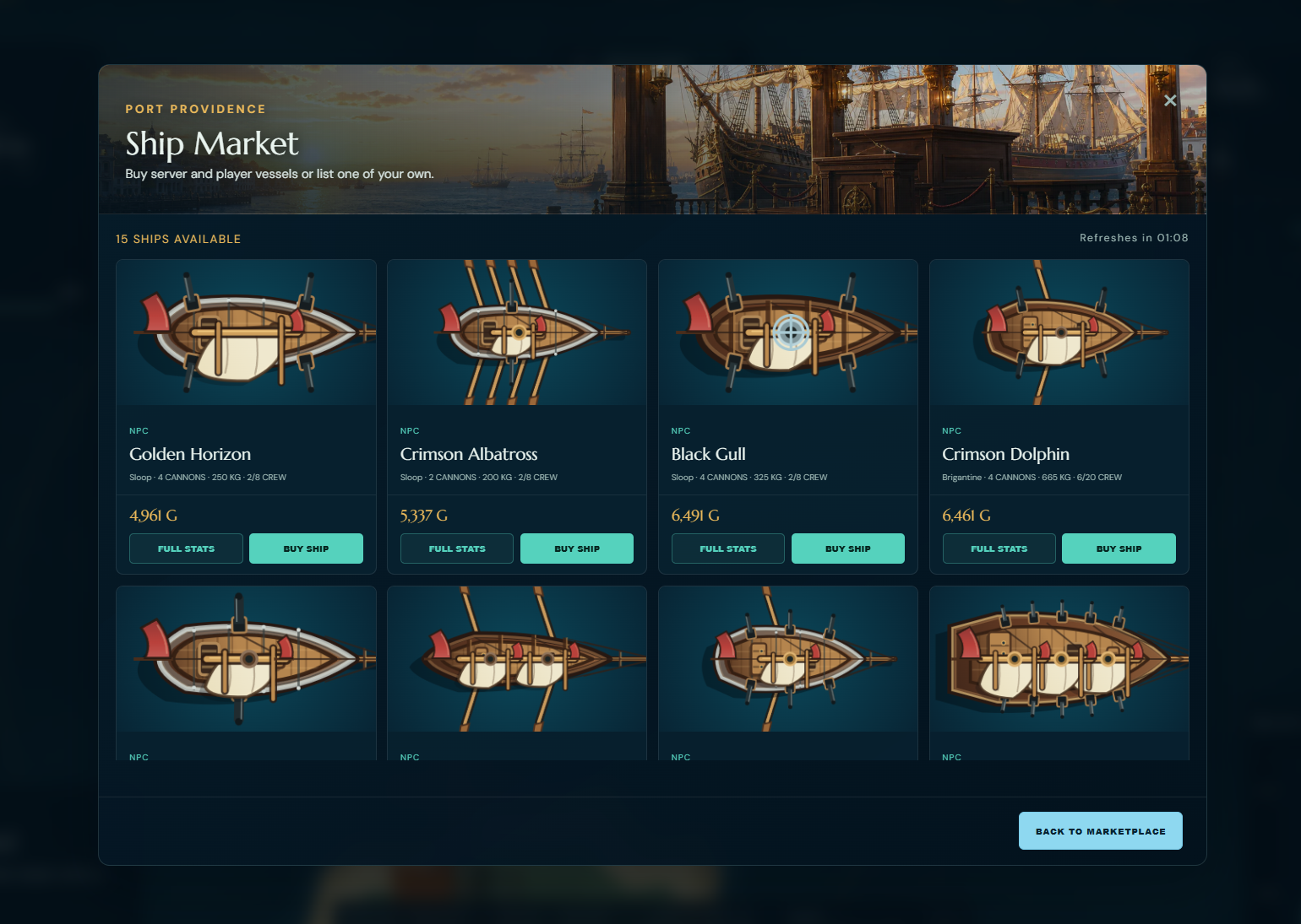 The ship market showing different ships offered by captains
