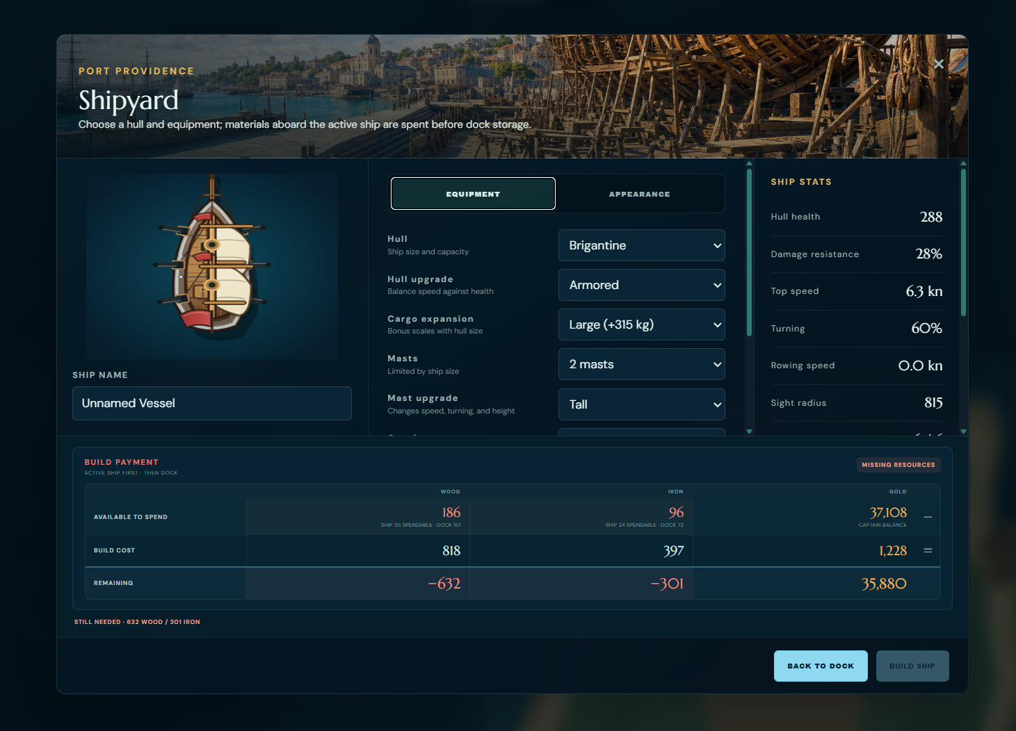 The shipyard showing ship choices, strengths, and building costs