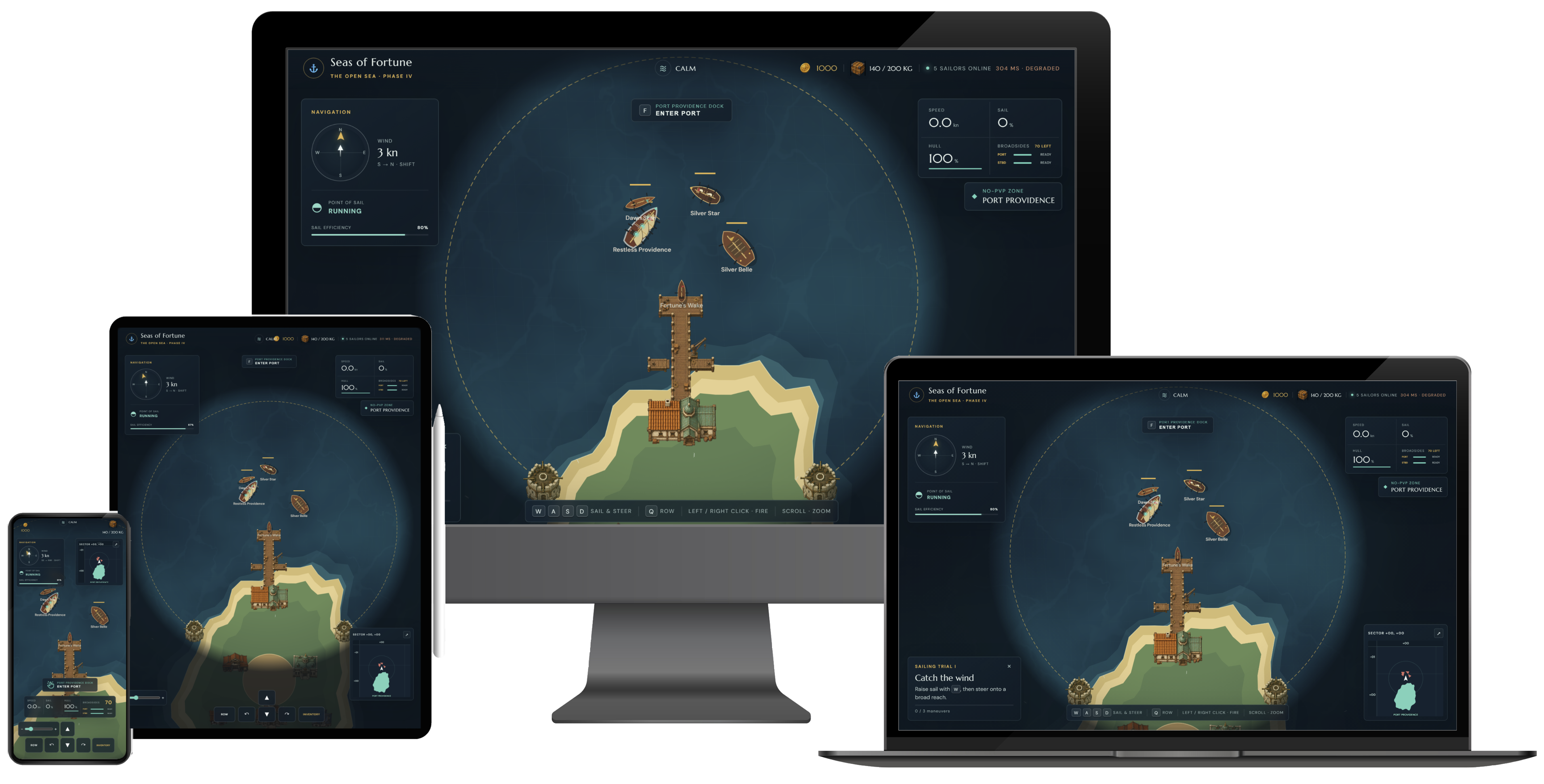 Seas of Fortune running across desktop, laptop, tablet, and mobile screens