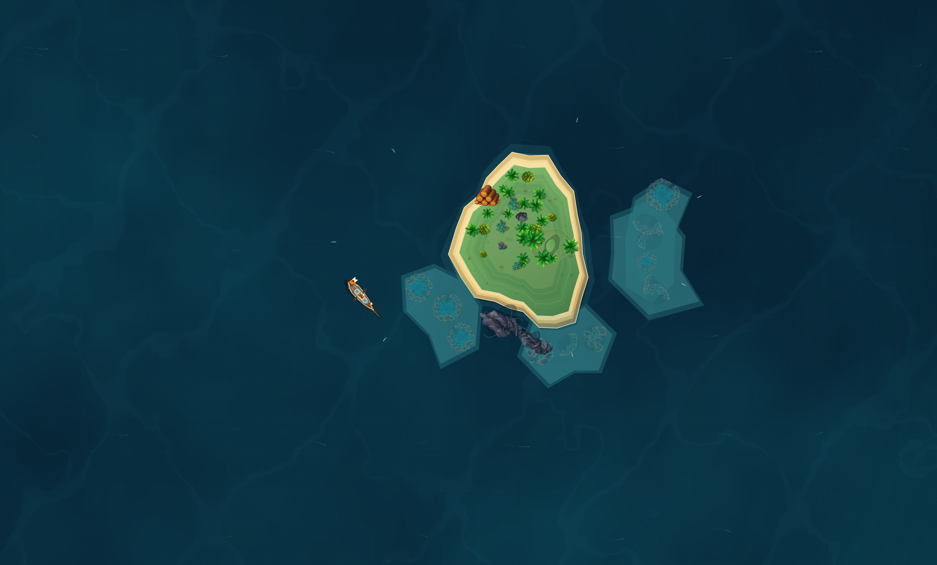 A captain approaching a tropical resource island ringed by reefs and rocks